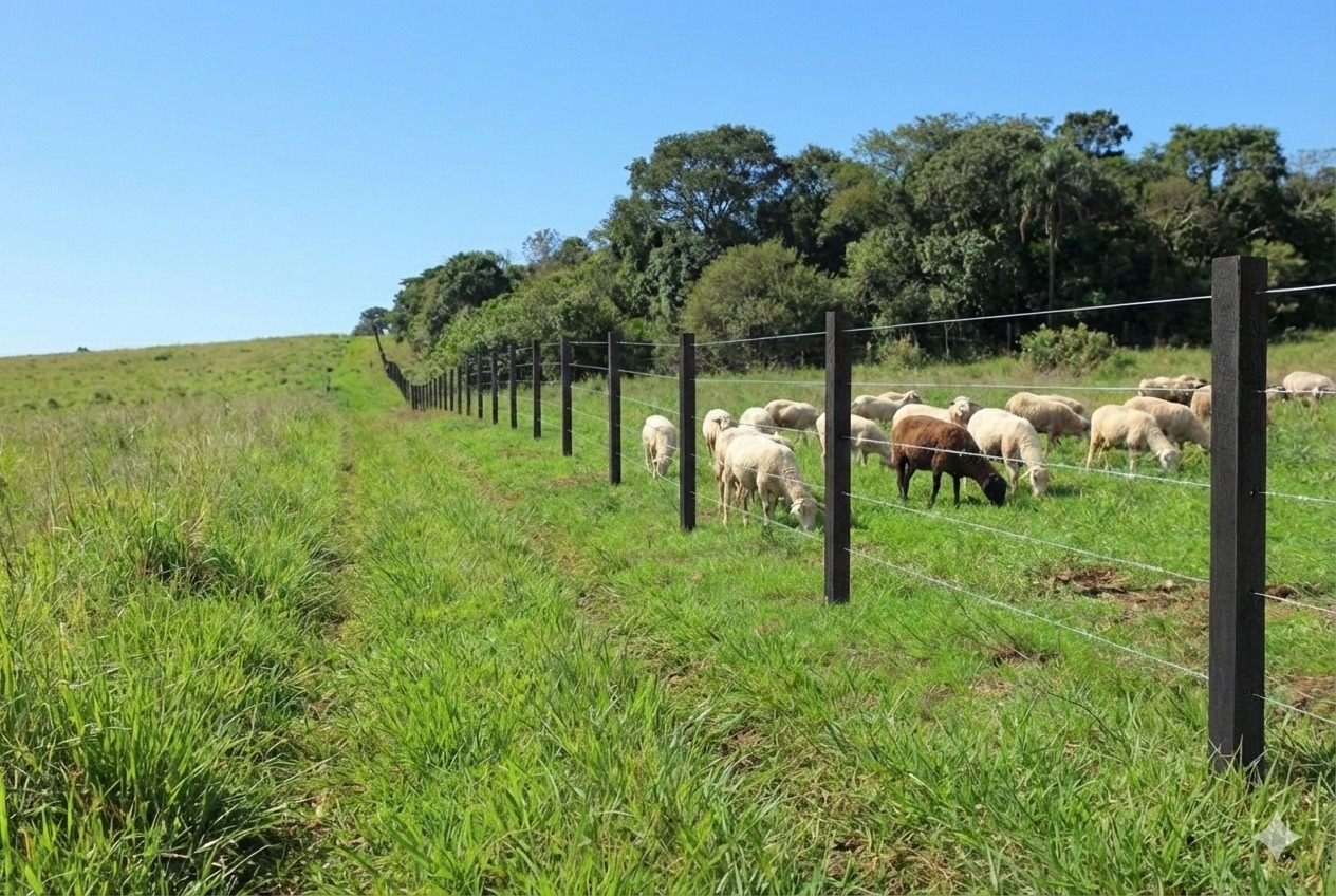 Cerca com ovelhas pastando em campo verde